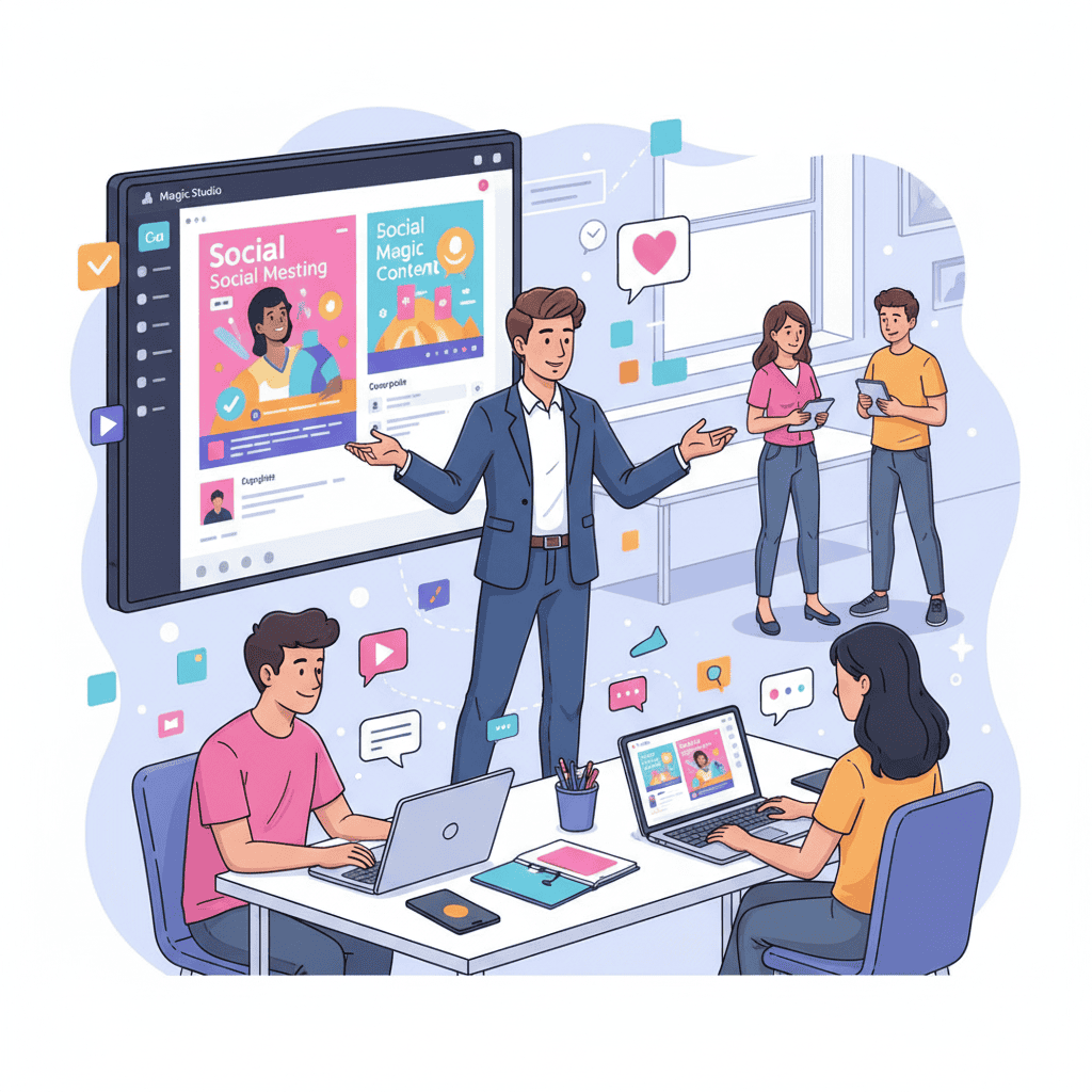 An illustration of a CMO presenting to his marketing team in a vibrant office setting, with a large screen displaying the Canva Magic Studio interface. The screen shows mockups of social media posts and graphic designs, while team members work on laptops creating digital content, symbolizing collaborative social media content creation and graphic design.