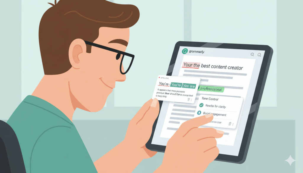 An illustration of a smiling person wearing glasses, holding a tablet that displays the GrammarlyGO interface. The screen shows a text document being edited, with a spelling correction pop-up and options for 'Tone Control,' 'Rewrite for clarity,' and 'Boost engagement,' depicting smart AI-powered editing."
