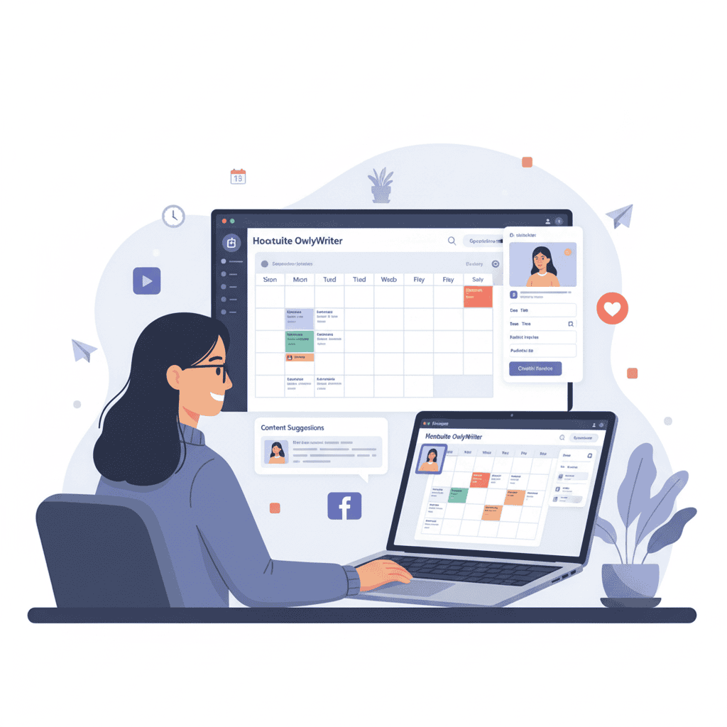 An illustration of a woman using a laptop with the Hootsuite OwlyWriter interface prominently displayed. The screen shows a social media content calendar and scheduling dashboard, with various social media icons and content suggestions, depicting efficient social media scheduling and content planning.