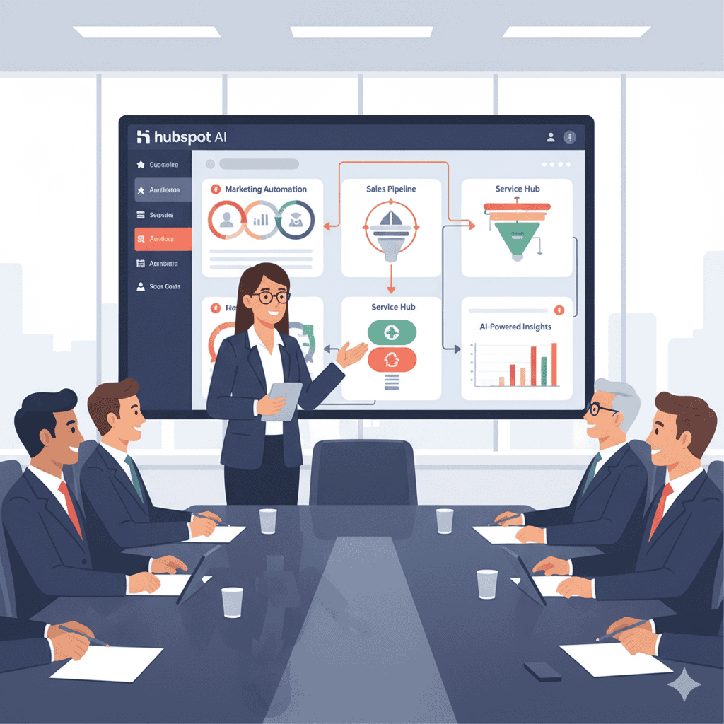 An illustration of a female presenter in a board meeting, standing in front of a large screen displaying the HubSpot AI CRM dashboard. The screen shows customer lifecycle diagrams, marketing automation, sales pipeline, service hub, and AI-powered insights, with several male board members seated around the table.