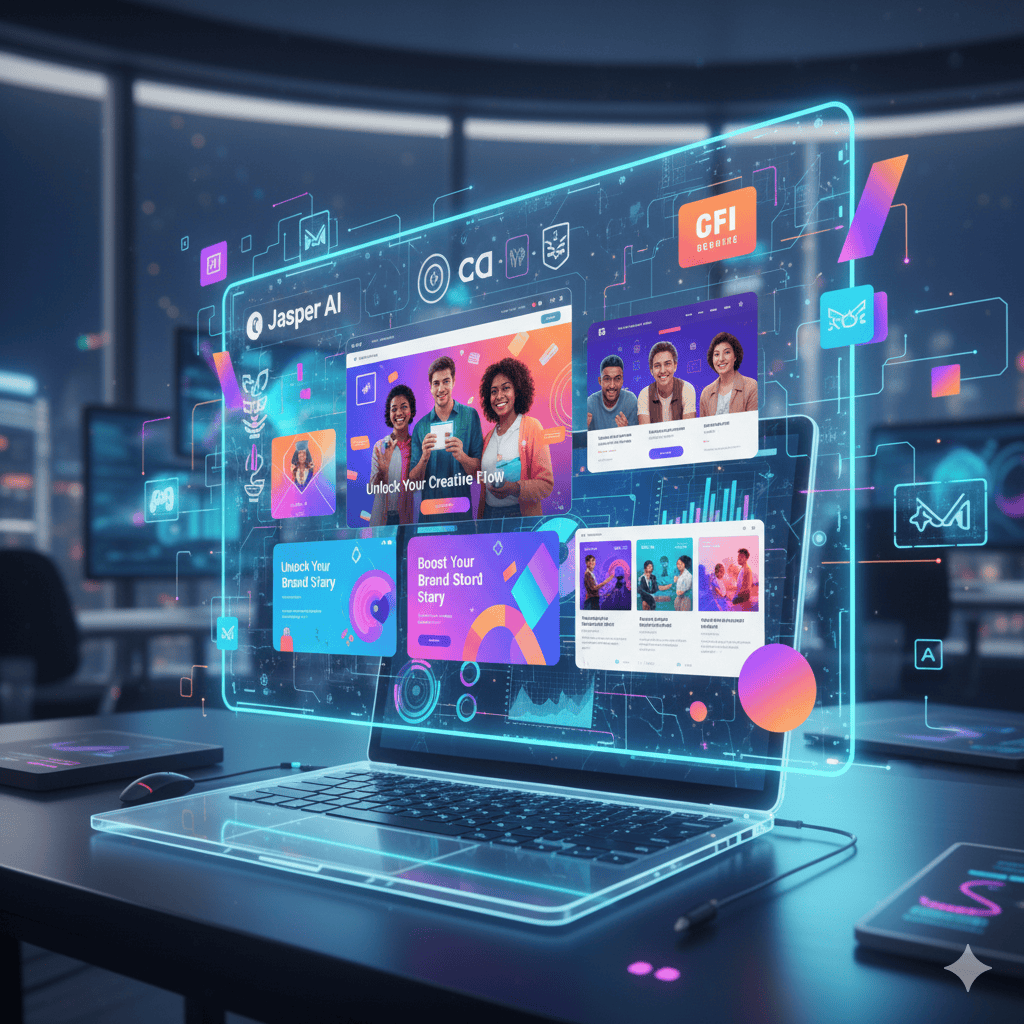 A laptop displaying the Jasper AI interface with various colorful marketing ad campaign mockups and brand-related imagery, illustrating creative AI branding and digital marketing copy generation."
