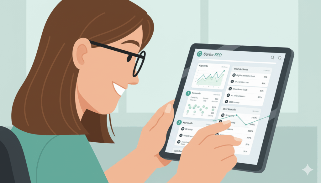 An illustration of a smiling woman with glasses holding a tablet displaying the Surfer SEO interface. The screen shows an SEO analytics dashboard with keyword research data, ranking charts, and various metrics, depicting a female user optimizing content with AI-driven SEO tools.